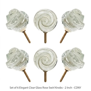 Clear Glass Rose Knobs - Antique Brass Base, Set of 6