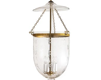 Etched Glass Star Lantern Chandelier: Antique Brass Finish, 14″ DIA, 33″H, 19.5 JAR