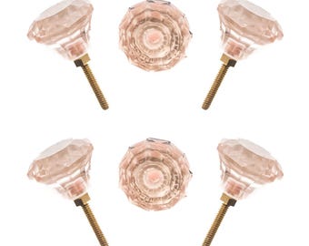 Blush Pink Glass Knobs - Large, Medium, Small Faceted Crystal Pulls (Pack of 6)