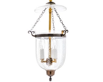 Etched Leaf Glass Lantern: Antique Brass Chandelier