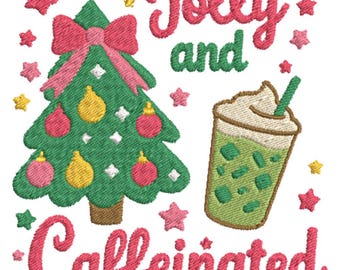 Custom Jolly and Caffeinated Sweatshirt | Embroidered Iced Coffee Christmas Crewneck | Personalized Holiday Gift | Coffee Lover Sweater
