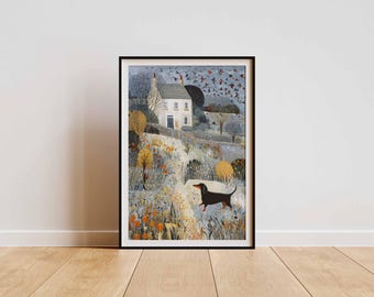 Dackel Hund jagt Vögel, Cottage Wand Kunst Druck, rustikale Gartenlandschaft (digitaler Download)