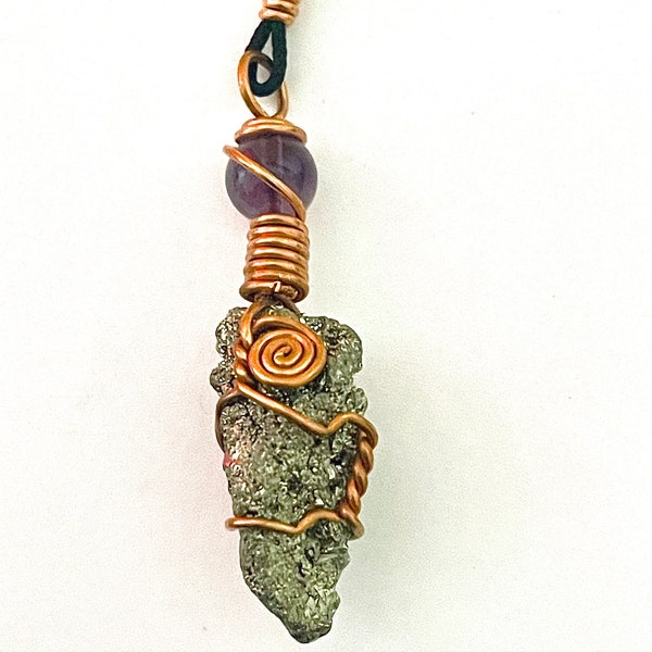 Iron Pyrite Necklace Handmade Wire Wrap Pendant Copper Jewelry