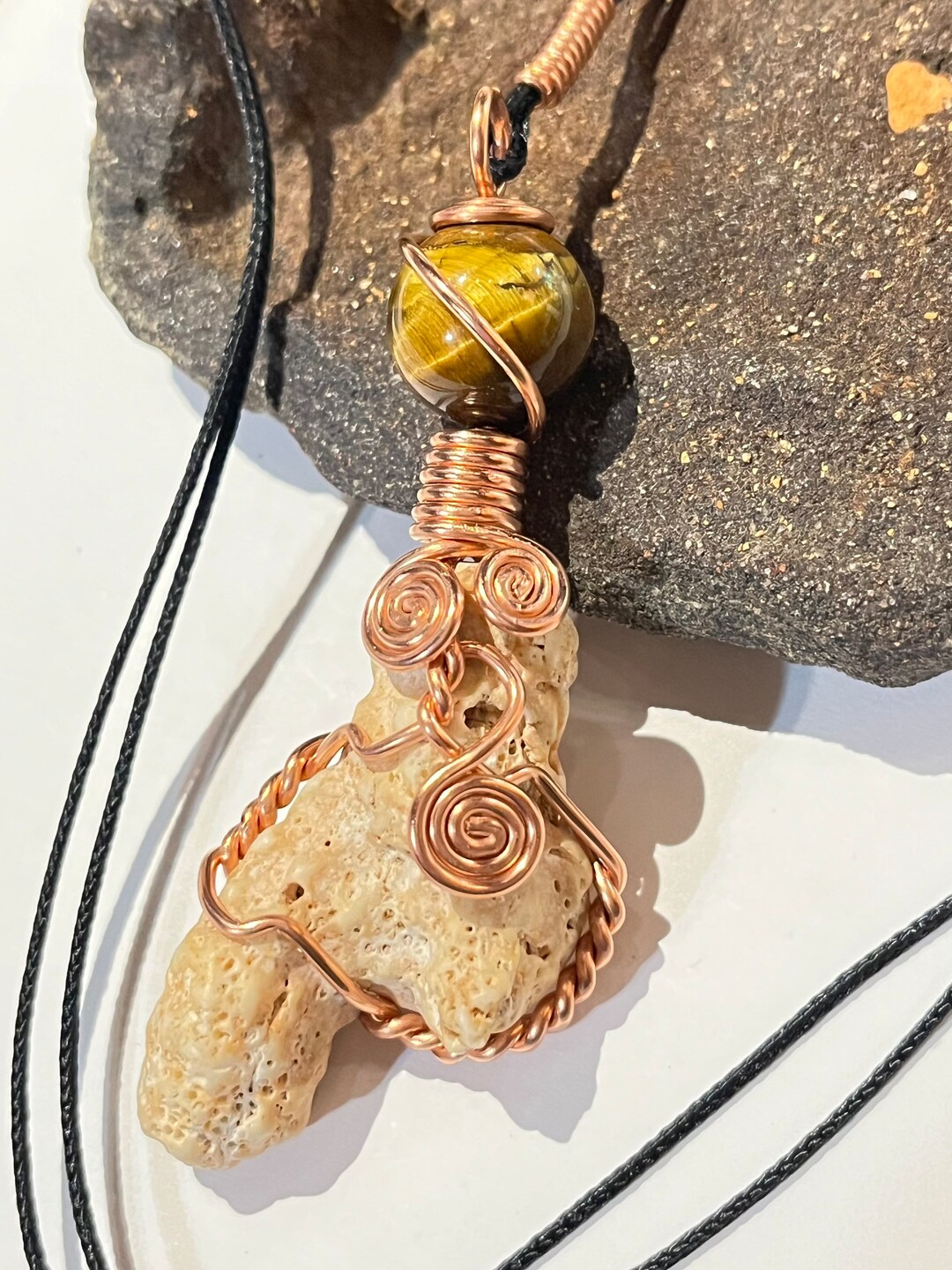 Fossilized Coral Copper Wire Wrap Statement Stone Necklace Etsy