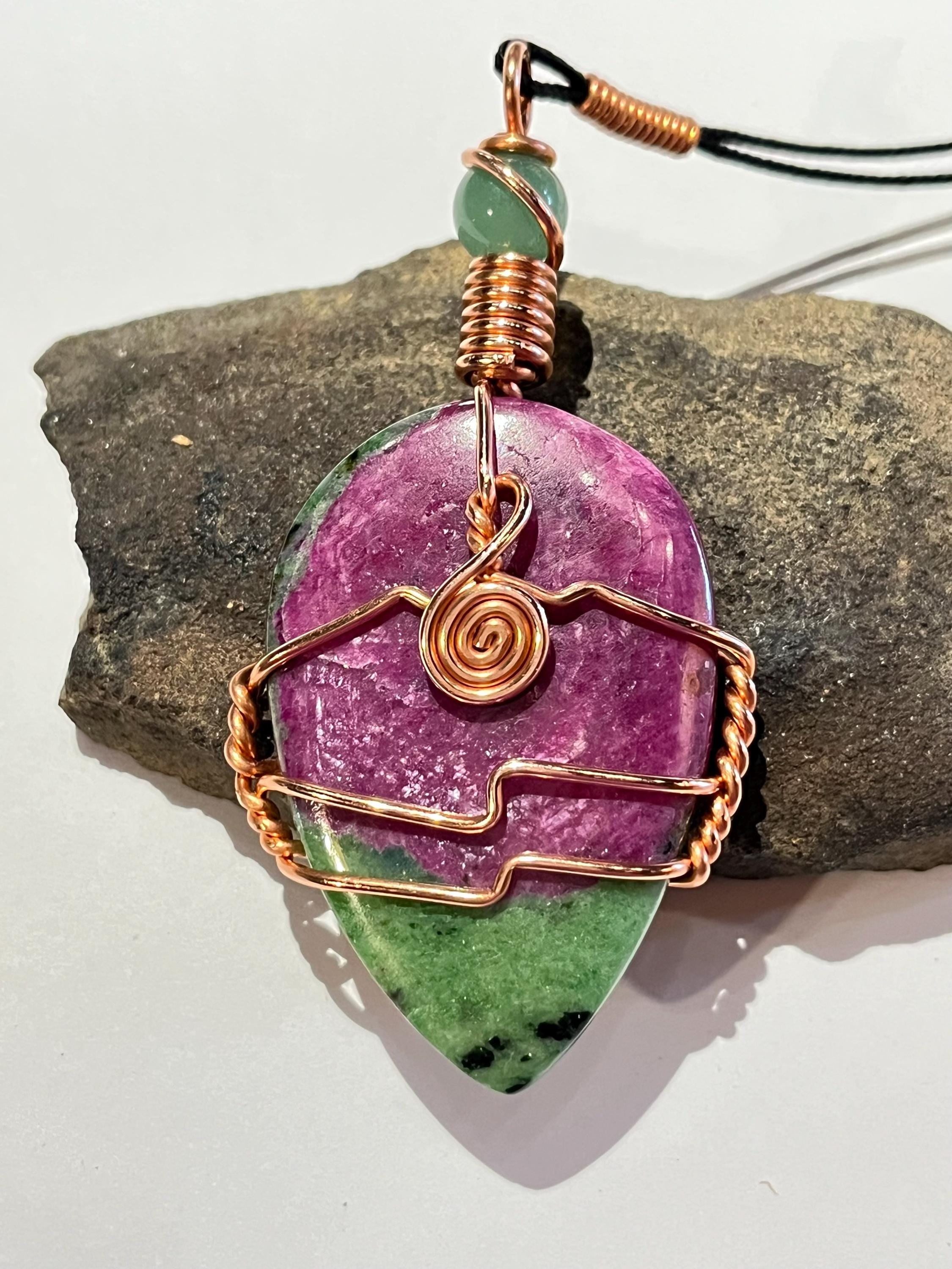 Large Ruby Zoisite Wire Wrap Necklace, Ruby Zoisite Necklace, Unique Statement Pendant