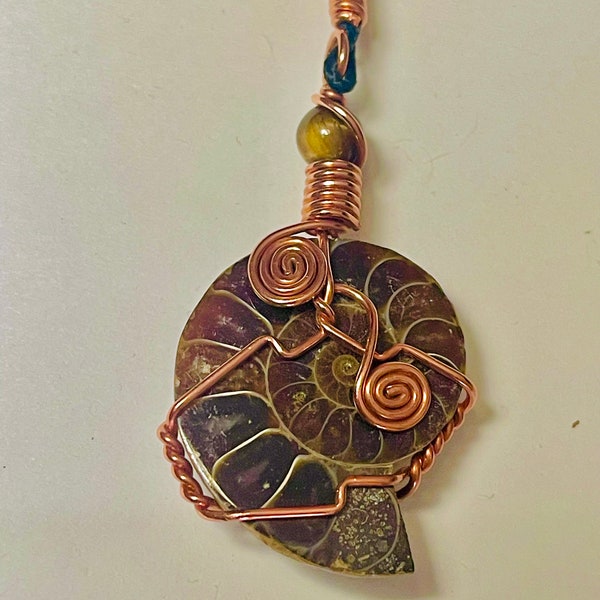 Ammonite Necklace, Wire Wrap Handmade Hammered Copper Wire Wrap Jewelry