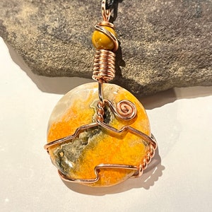 Bumblebee Jasper Copper Wire Wrap Necklace, Colorful Yellow Jasper Necklace