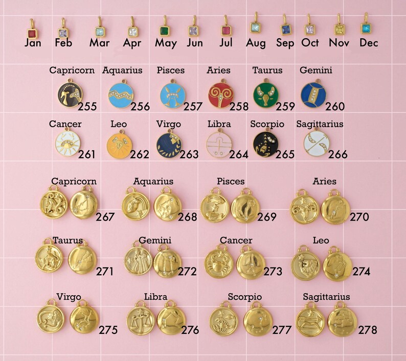 A zodiac and birthstone collection of gold plated stainless steel charms. Charms include birthstones, color zodiac signs, and gold zodiac sign charms. Charms are laid out on a pink background with identifying numbers.