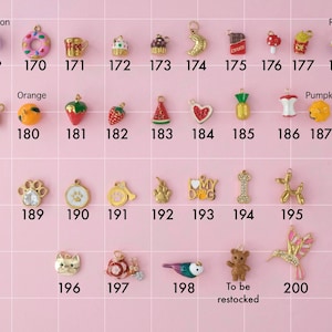 A food and animal collection of gold plated stainless steel charms. Charms include macaron, doughnut, coffee, cupcakes, ramen, fruits, cat, snail, bird, bear, hummingbird and dog related ones like paws and bones. Charms are laid out on a pink background with identifying numbers.