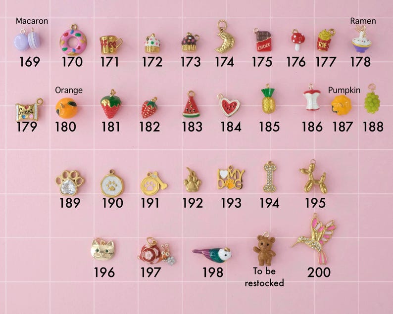A food and animal collection of gold plated stainless steel charms. Charms include macaron, doughnut, coffee, cupcakes, ramen, fruits, cat, snail, bird, bear, hummingbird and dog related ones like paws and bones. Charms are laid out on a pink background with identifying numbers.