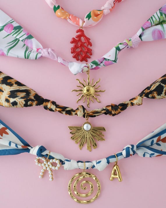 Southwestern Scarf Necklace, Personalize with Gold Plated Charms, Design Your Own Bandana Necklace