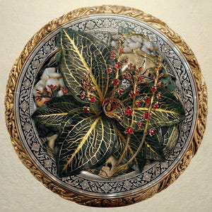 Puede incluir: Plato decorativo redondo y ornamentado, con borde dorado y plateado. El centro presenta un diseño floral detallado con hojas verde oscuro, vetas doradas y detalles rojos. Fondo crema.