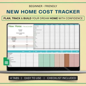 May include: A laptop displays a "New Home Cost Tracker" spreadsheet. The screen shows a detailed checklist for planning and tracking home construction costs. Text on the screen includes "Plan, Track & Build Your Dream Home With Confidence." The laptop is on a light green background.
