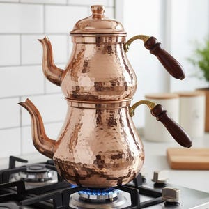 El Yapımı Bakır Türk Çaydanlığı, Osmanlı Motifli, Mutfak Dekoru