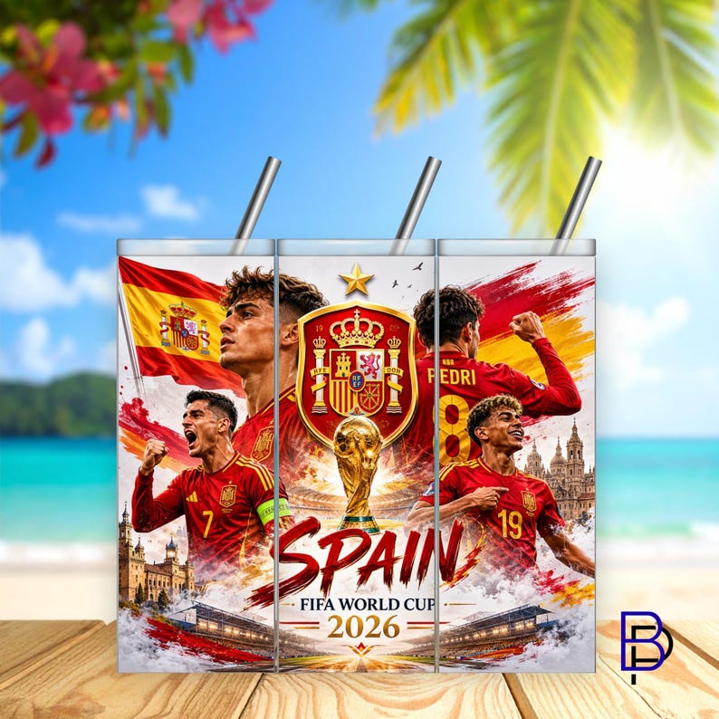 K&ouml;nnte beinhalten: Ein zylindrischer Becher mit Metallstrohhalm und einem Grafikdesign der spanischen Fu&szlig;ballnationalmannschaft. Der Aufdruck zeigt Spieler in roten Trikots, die spanische Flagge, den FIFA-Weltpokal und den Text Spain FIFA World Cup 2026.