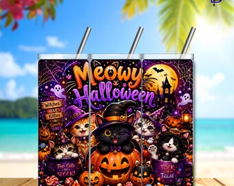 Meowy Halloween Tumbler Wrap PNG – 20oz Skinny Sublimation Design | Cute Halloween Cat | Pumpkin PNG | Digital Download | 300 DPI