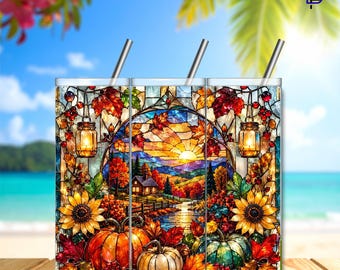 Fall Suncatcher Tumbler Wrap PNG – 20oz Skinny Sublimation Design | Stained Glass Autumn | Digital Download | High Resolution | 300 DPI