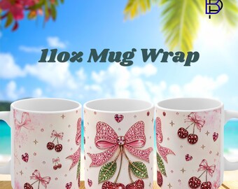 Rhinestones Pink Coquette Cherries Tumbler Wrap PNG – 11oz Mug Sublimation Design | Girly Cherry Bow | Digital Download | 300 DPI