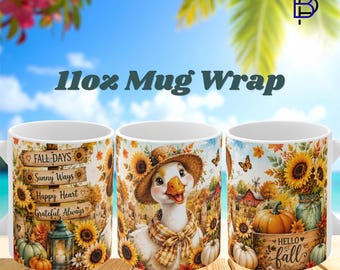 Fall Goose Sunflower Theme Mug Wrap PNG – 11oz Mug Sublimation Design | Autumn Goose | Digital Download | High Resolution | 300 DPI