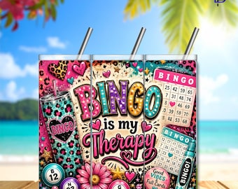 Bingo Is My Therapy Tumbler Wrap– 20oz Skinny Sublimation Design | Funny Bingo Lover | Digital Download | High Resolution | 300 DPI
