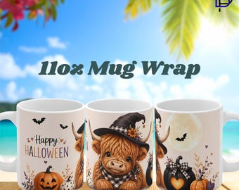 Halloween Highland Cow Mug Wrap PNG – 11oz Mug Sublimation Design | Spooky Highland Cow | Digital Download | High Resolution | 300 DPI
