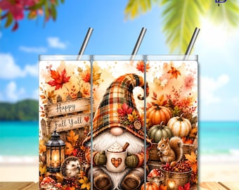 Whimsical Watercolor Fall Gnome Tumbler Wrap | 20oz Skinny Sublimation Design | Pumpkin PNG | Digital Download | 300 DPI | Fall Season