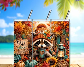 Raccoon Fall Tumbler Wrap PNG – 20oz Skinny Sublimation Design | Autumn Raccoon | Cute Woodland Animal | Digital Download | 300 DPI