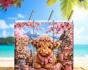 Cherry Blossom Highland Cow Tumbler Wrap PNG – 20oz Skinny Sublimation Design | Watercolor Floral Highland Cow | Digital Download | 300 DPI