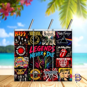 May include: A cylindrical tumbler with a metal straw featuring a collage of classic rock band logos and imagery including Kiss, Nirvana, The Beatles, Pink Floyd, Red Hot Chili Peppers, The Rolling Stones, Sex Pistols, and Van Halen.