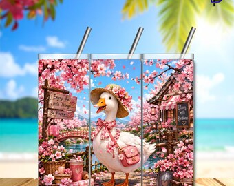 Cherry Blossom Watercolor Goose Tumbler Wrap PNG – 20oz Skinny Sublimation Design | Goose Summer | Digital Download | 300 DPI