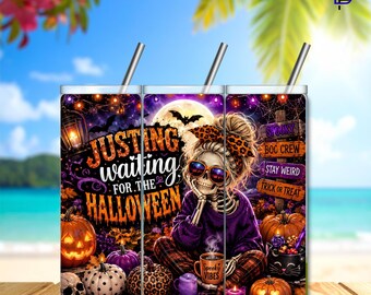 Messy Bun Skull PNG Tumbler Wrap – 20oz Skinny Sublimation Design | Halloween Skull | Spooky Girl Aesthetic | Digital Download | 300 DPI