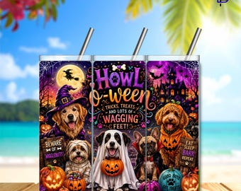 Howl-o-ween Tumbler Wrap – 20oz Skinny Sublimation Design | Halloween Dog | Spooky Pet Theme | Digital Download | 300 DPI