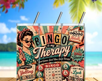 Bingo Is My Therapy Tumbler Wrap PNG – 20oz Skinny Sublimation Design | Retro Funny Bingo Theme | Digital Download | 300 DPI