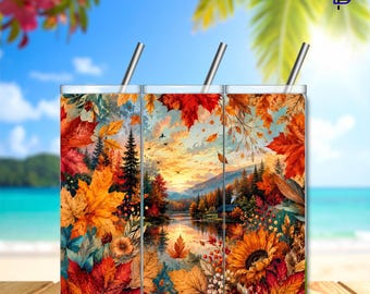 Fall PNG Tumbler Wrap – 20oz Skinny Sublimation Design | Autumn Lake Life Digital Download | 300 DPI | Aesthetic Fall Scene