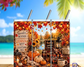 Fall Halloween Tumbler Wrap | 20oz Skinny | Digital Download (300 DPI) PNG | High Resolution | Halloween Theme | Pumpkin PNG | Thanksgiving