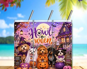 Howl-o-ween Tumbler Wrap PNG – 20oz Skinny Sublimation Design | Halloween Dog | Spooky Pet Theme | Digital Download | 300 DPI