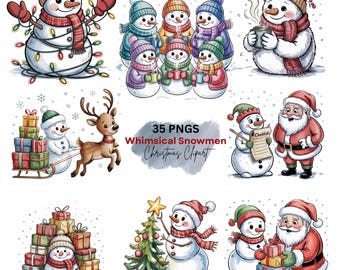 Bundel met grappige sneeuwpop kerstclipart – aquarel png-afbeeldingen (digitale download)