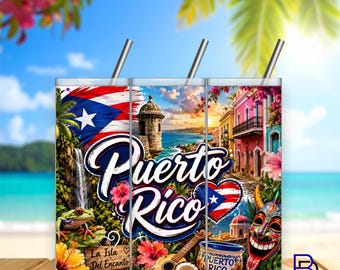 Puerto Rico Tumbler Wrap PNG | 20oz Skinny Sublimation Design | Caribbean Pride Graphic | Digital Download | 300 DPI