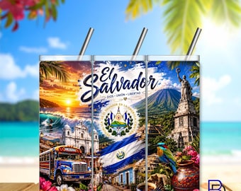 El Salvador Tumbler Wrap PNG | 20oz Skinny Sublimation Design | Digital Download | High Resolution | 300 DPI | Salvador Flag