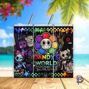 Pode incluir: Três canecas pretas de aço inoxidável com desenhos de personagens de desenhos animados coloridos e canudos prateados. As canecas apresentam o texto "Dandy's World" e "Play Survive". O fundo é uma cena de praia tropical.