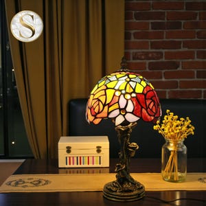 Tiffany Rose Table Lamp Stained Glass Vintage Floral Handmade Decor Light