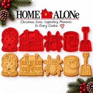 May include: A set of five red plastic cookie cutters and five matching tan cookies shaped like a surprised face, a house, a spider, a paint can, and a snow shovel. The text reads HOME ALONE Christmas Icons. Legendary Moments. In Every Cookie.