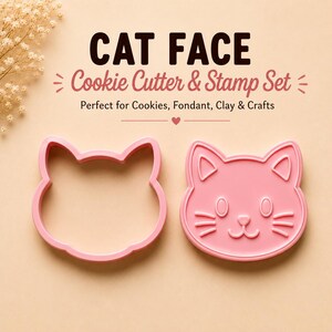 Peut inclure: Un ensemble emporte-pièce et tampon en forme de visage de chat rose. Le texte indique CAT FACE Cookie Cutter & Stamp Set. Perfect for Cookies, Fondant, Clay & Crafts. L'ensemble comprend un emporte-pièce ouvert et un tampon avec oreilles et moustaches.