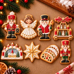 Könnte beinhalten: Eine Sammlung von weihnachtlichen Lebkuchenplätzchen, darunter zwei Nussknacker in rot-schwarzen Uniformen, ein Engel mit weißen Flügeln, ein Lichterbogen, eine winterliche Dorfszene, ein Stern, eine Stollenscheibe und ein dritter Nussknacker.