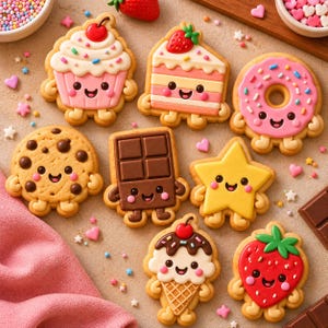 Könnte beinhalten: Eine Sammlung von acht verzierten Keksen in Form eines Cupcakes, eines Kuchenstücks, eines Donuts, eines Schokoladenkekses, einer Schokoladentafel, eines Sterns, einer Eiswaffel und einer Erdbeere, alle mit lächelnden Gesichtern und buntem Zuckerguss.