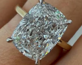 Anillo de compromiso de moissanita talla cojín de 4 quilates, anillo solitario de moissanita, anillo de compromiso de oro macizo de 14 quilates, anillo de propuesta clásico de cuatro puntas.