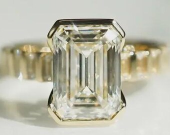 Anillo de compromiso de moissanita talla esmeralda de 3 quilates, anillo solitario, anillo de compromiso con banda de diamantes, anillo de propuesta de oro de 14 quilates, regalo de aniversario