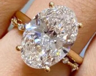 Anillo de compromiso de moissanita ovalada de 5 quilates, anillo de oro con halo oculto, anillo de boda de oro macizo de 14 quilates, conjunto de anillos nupciales, regalo de aniversario para la esposa.