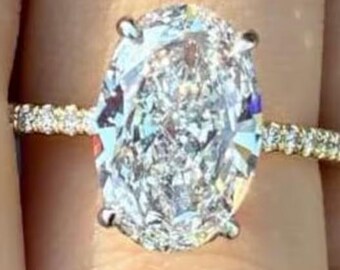 Anillo de compromiso de moissanita ovalada de 3 quilates, anillo solitario de talla ovalada, anillo de boda pavé de oro de 14 quilates, anillo de diamantes, regalo de aniversario para ella.