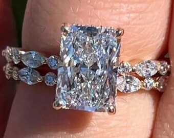 Anillo de compromiso de moissanita talla radiante de 3 quilates, anillo solitario con banda pavé, anillo de boda de oro macizo de 14 quilates, anillo con doble halo oculto, regalo para ella.